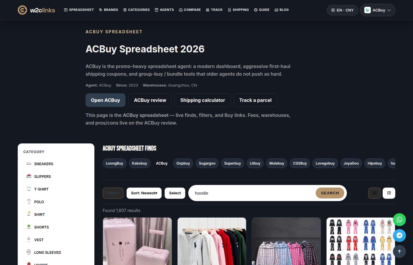 Hoodie search results in the ACBuy catalogue on w2clinks, with filters on the left