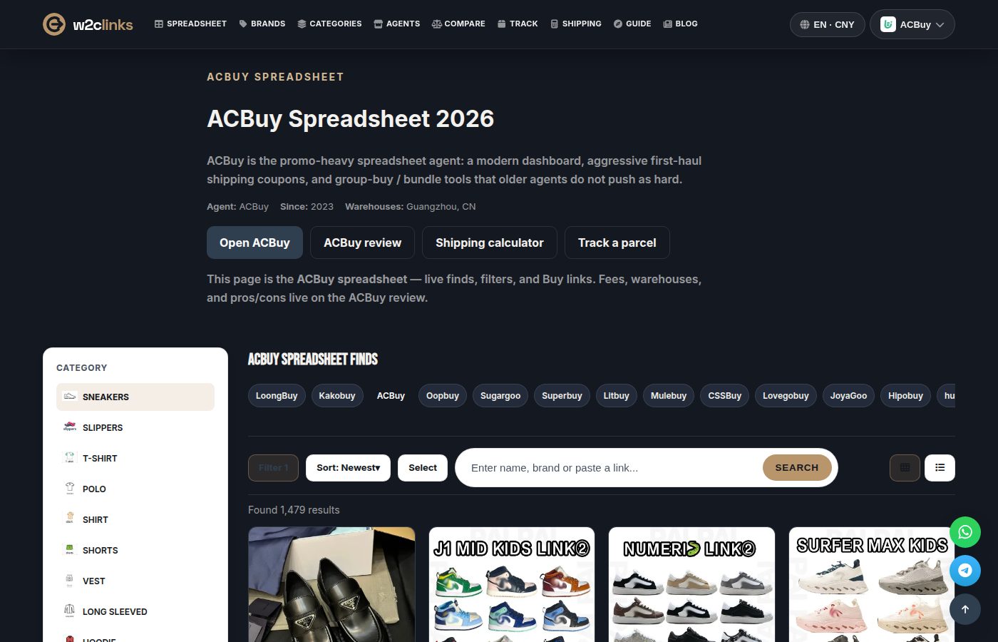 ACBuy catalogue on w2clinks: product cards with photo, brand and reference price