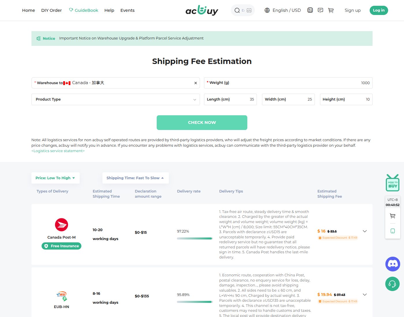 Official ACBuy estimator with destination Canada 加拿大, 1000 g, 35×25×10 cm, Canada Post-M line