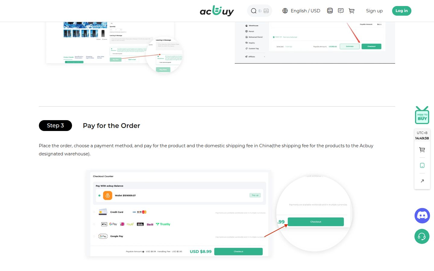 Official ACBuy GuideBook, step 3: first payment of product plus China domestic, Checkout button